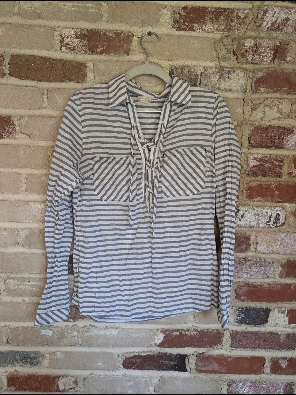 Mountain Hardwear White & Gray Striped Lace-Up Button Down Top